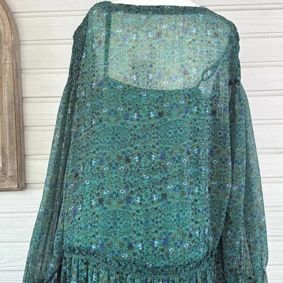 Free People Smocked Shoulder Midi Dress Green Floral Tiered Long Sleeve NWT - Picture 11 of 15